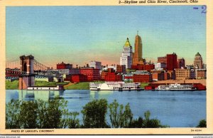 Ohio Cincinnati Skyline and Ohio River 1943 Curteich