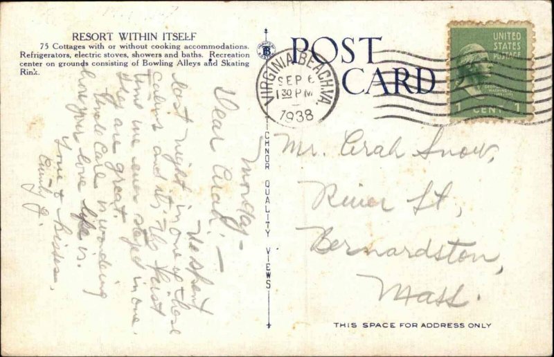 Virginia Beach VA Bowling Alley Roller Skating Rink Linen Postcard