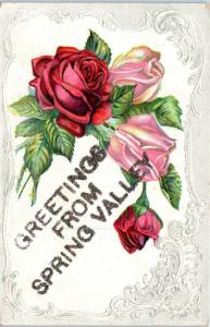 SPRING VALLEY, MN Minnesota  Embossed GREETINGS FROM- ROSES  1909 Postcard