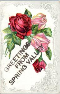 SPRING VALLEY, MN Minnesota  Embossed GREETINGS FROM- ROSES  1909 Postcard