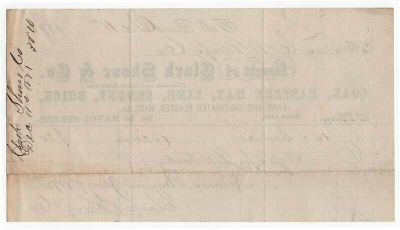 1871 Billhead, CLARK SHOVE & CO.,  COAL, Hay, Lime, Cement, etc., Fall River, MA