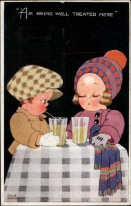 Chloe Preston Little Boy and Girl Drinking Together c1910 Vintage Postcard