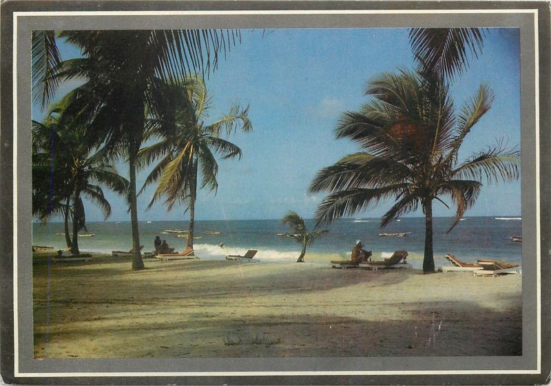 Butterfly stamp on Postcard Kenya Coast scenic palm trees seaside view