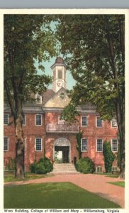 Vintage Postcard 1920's Wren Building College of William & Mary Williamsburg VA