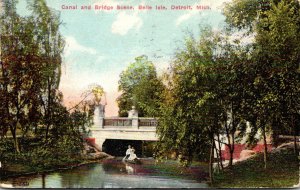 Michigan Detroit Belle Isle Canal and Bridge Scene 1911