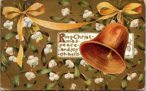 Postcard Gold bell with ribbon flowers Ring Christmas Peace and Joy oh bells