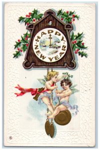 c1910's New Year Angels Ringing Clock Bird Holly Berries Embossed Postcard 