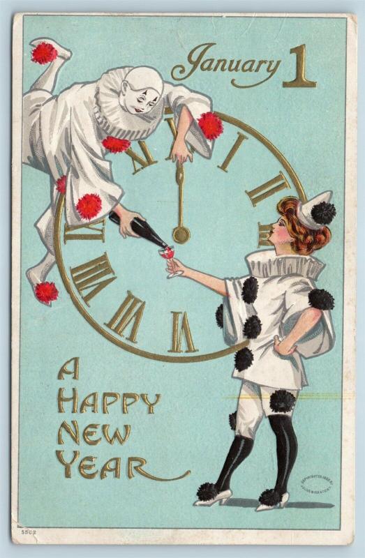 Postcard New Year Clowns Pierrot Drinking Wine Large Clock Julius Bien c1908 S1