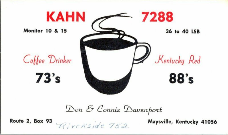 QSL Radio Card From Maysville Kentucky KAHN 7288 