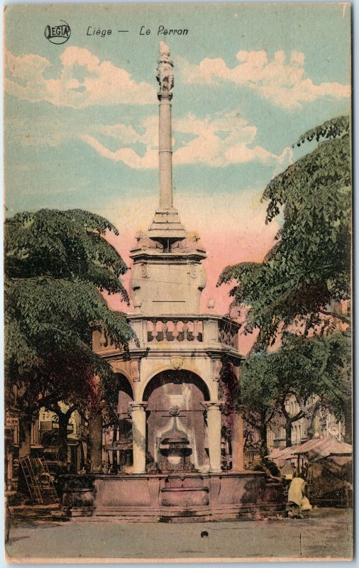 c1900s Liege, Belgium Le Perron Column Monument Tinted Market Square Shops A343