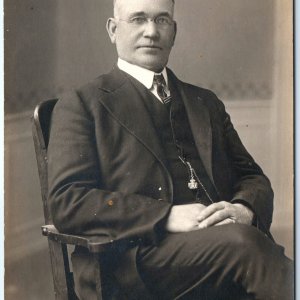 c1910s Handsome Gentleman Sits Chair RPPC Classy Older Man Real Photo Chain A159