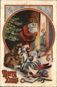 Christmas Santa Claus Toy Rocking Horse Books c1910 Vintage Postcard