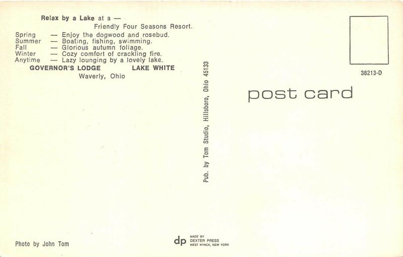 Waverly Ohio 1960s Postcard Governor's Lodge Lake White Pike County