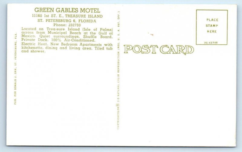 TREASURE ISLAND, St. Petersburg FL ~ Roadside GREEN GABLES MOTEL c1950s Postcard