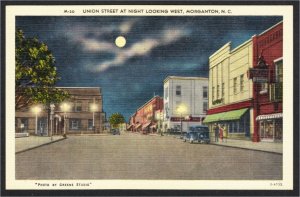 Morganton NC Union Street at Night with Stores 1940s-1950s Linen Postcard