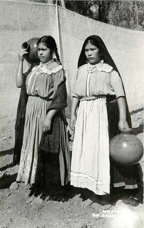 RPPC Postcard; Native Girls w/ Water Jars, Janitzio, Michoacan Mexico Unposted