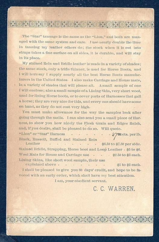 VICTORIAN TRADE CARD CC Warren Star Tannery