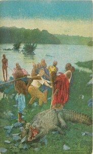 Africa Natives Dead Crocodile Artist impression C-1910 Postcard 20-6839