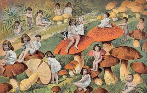 Fantasy 1905 Giant Mushroom Forest Children Multi Babies Dog Cat postcard B993