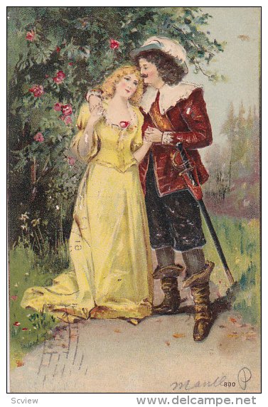 Embossed, Musketeer walking with his lady down a path, PU-1907