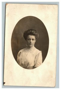 Vintage 1910's RPPC Postcard - Studio Portrait Woman Big Hair Stanley Wisconsin