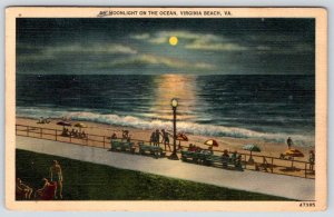 1945 MOONLIGHT ON THE OCEAN VIRGINIA BEACH VA VINTAGE LINEN POSTCARD