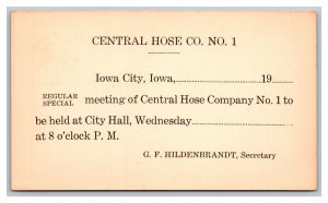Postcard Iowa City Fire Department Central Hose Company No. 1 Iowa c1914 UX27