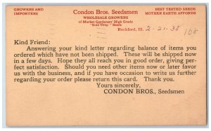 1938 Condon Bros. Seedmen Wholesale Growers Rockford Illinois IL Postal Card