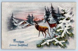 Latvia Postcard Christmas Pine Trees And Deer House Winter Scene c1910's Antique