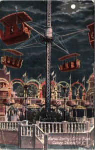 Postcard NY Coney Island Luna Amusement Park Aerial Swing Moonlight 1908 V190