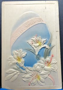 Easter Greeting Blue Egg White Lily Flower 1910s Flower Antique Postcard