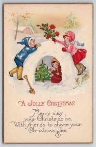 Christmas Children Snow Tree Igloo Poinsettias Postcard U26