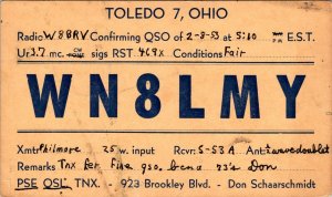 VINTAGE POSTCARD HAM RADIO CALLING CARD WN8LMY FROM TOLEDO OHIO 1953