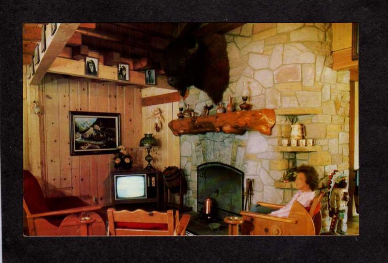 WY Jackson Hole Lodge Motel Wyoming Fireplace TV Interior View Postcard