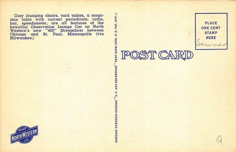 North Western Chicago Line Streamliner 400 Observation Section Linen Postcard
