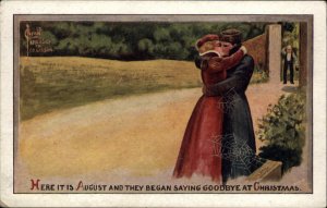 Romance Spiderwebs Cover Couple Kissing Long Goodbye c1910 Postcard