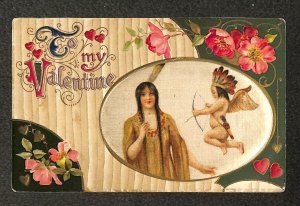 VALENTINE HOLIDAY SCHMUCKER WINSCH WOMAN INDIAN CUPID SILK INSERT POSTCARD
