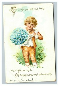 Vintage 1900's Tuck's Best Wishes Postcard Child with Bouquet of Blue Flowers