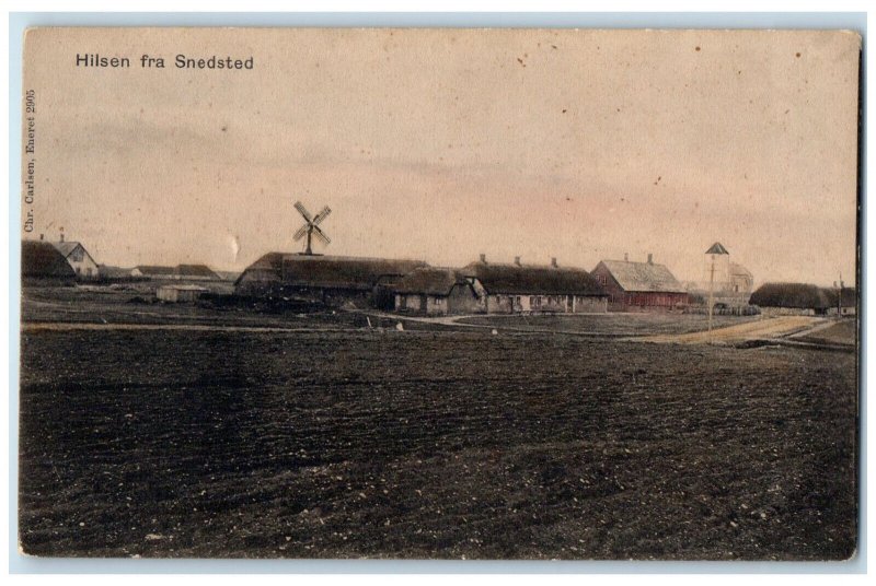 c1910 Windmill Barnyard Greetings from Snedsted Denmark Antique Postcard