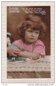 RP; Hand-colored, Birthday Greetings Poem, Girl holding doll, PU-1928