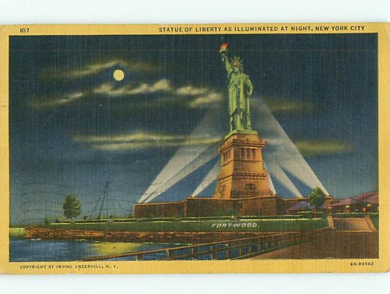 Statue of Liberty Night Scene Fort Wood 1948 new York City  NY  Postcard # 8788