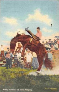 Bucking Bronco Buddy Timmons on Jack Dempsey Horse Rodeo 1940 linen postcard