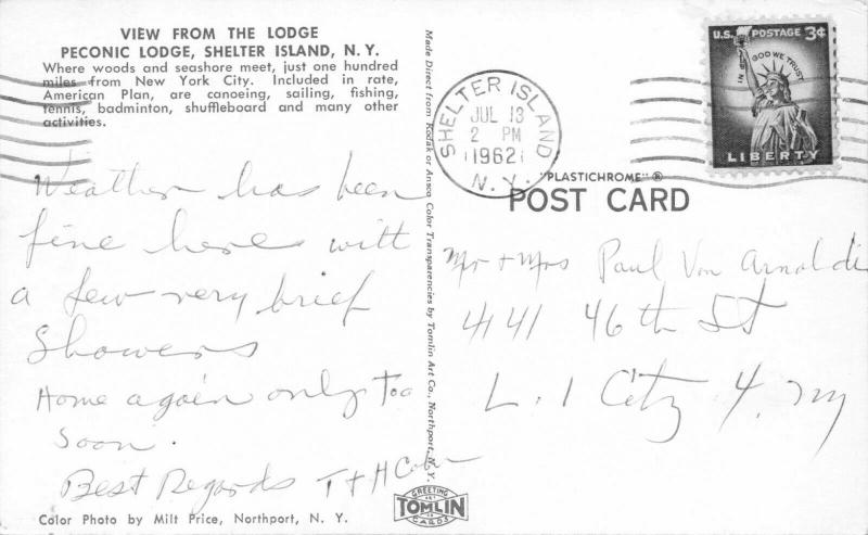 SHELTER ISLAND NEW YORK~VIEW FROM PECONIC LODGE~1962 POSTMARK POSTCARD 