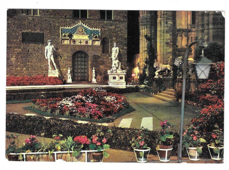 Italy Florence Piazza Della Signoria Flower Exhibition Night Vntg 4X6 Postcard