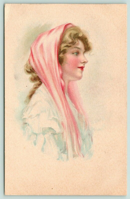 Artist Signed~Pretty Blonde Profile~Pink Headscarf~White Ruffles~MP Watercolor