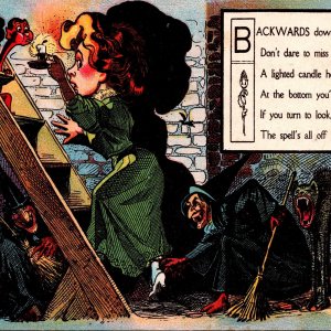 Halloween Woman Backwards Down Stairs Candle Goblin Witch Broom Black Cat c1913