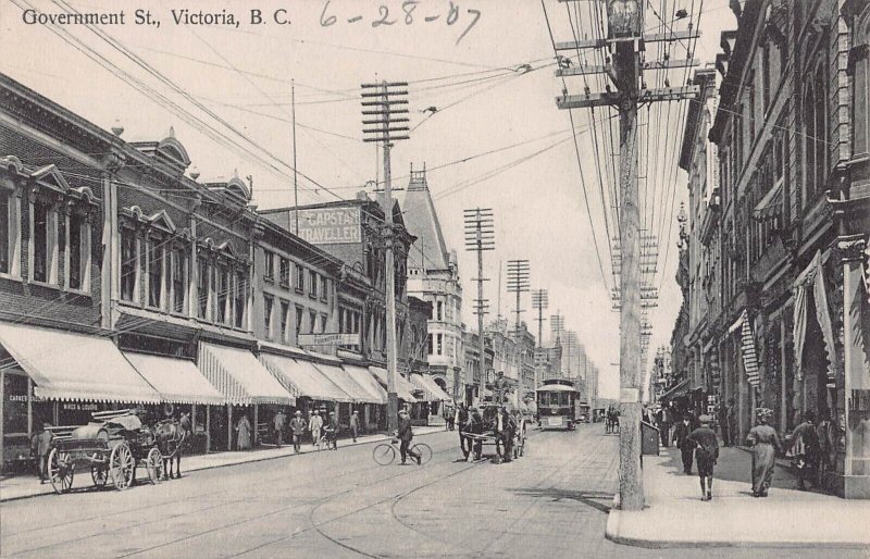 VICTORIA BRITISH COLUMBIA~GOVERNMENT ST-TROLLEY-STOREFRONTS~1907 PHOTO POSTCARD