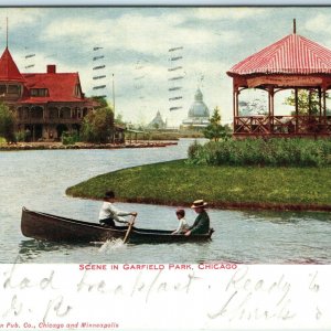 1907 Chicago, ILL Garfield park Canoe Rowing Litho Photo Postcard Gazebo A35