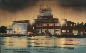 Richmond Virginia VA Richard E Byrd Airport at Night Linen Vintage Postcard