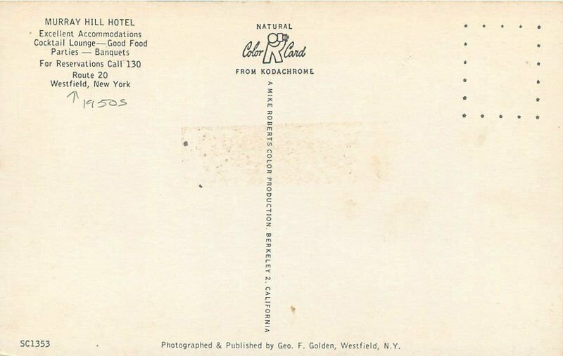 Autos Golden Murray Hill Hotel roadside Westfield New York Postcard Roberts 8330